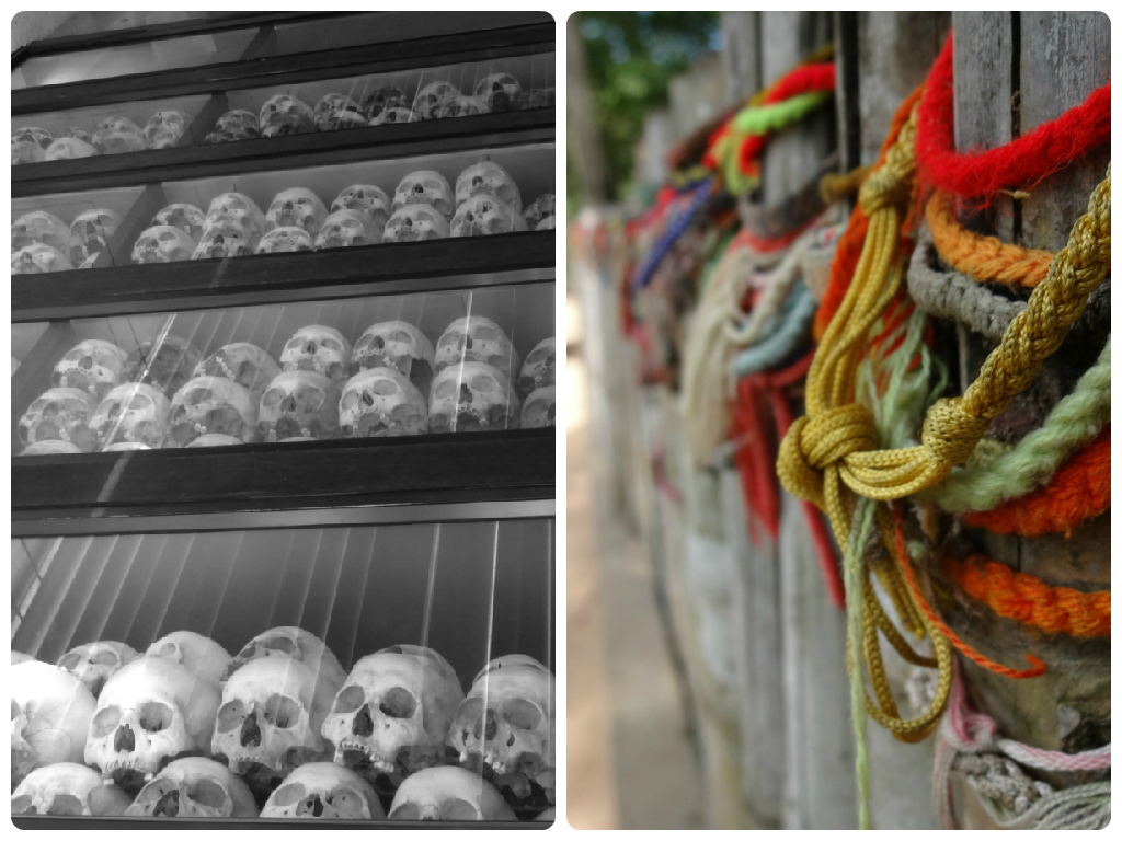 Left -Cabinets are filled with the remains of the deceased recovered from the open graves at the site. Right - Coloured bracelets are placed around the graves as a sign of respect for the victims