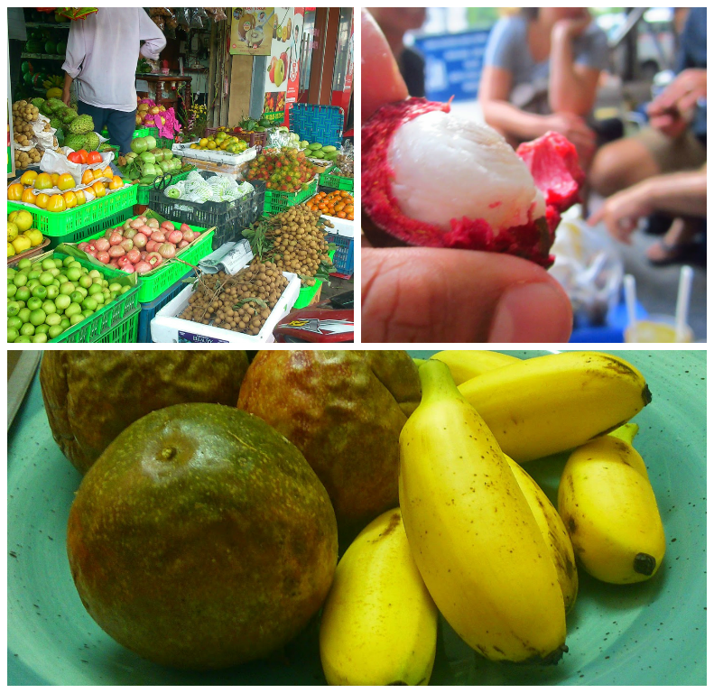 Top Left - a variety of fresh fruit is always available at the many stalls across Vietnam | Top Right -peeling  a mangosteen | Bottom - passion fruit and mini bananas! 